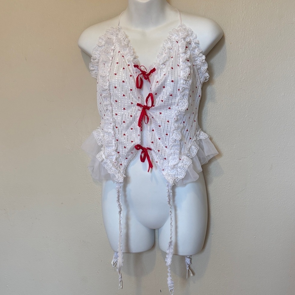 Elegant White and Red Lace Chemise